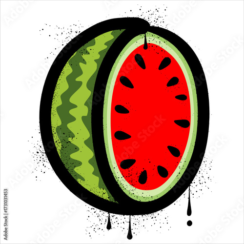 Half watermelon spray paint graffiti with black splashes and drips
