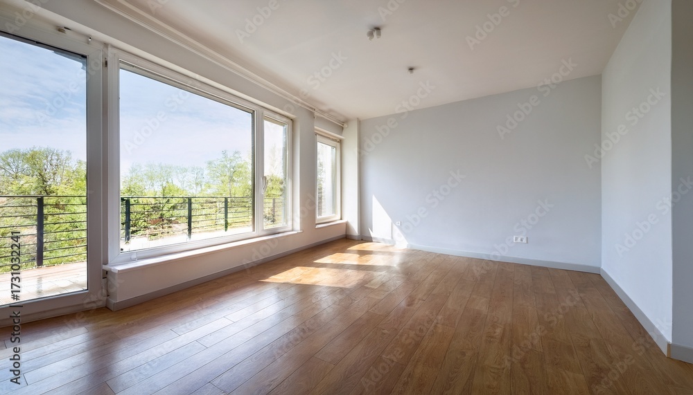 Obraz premium bright and spacious empty room with large window and wooden floor in modern design
