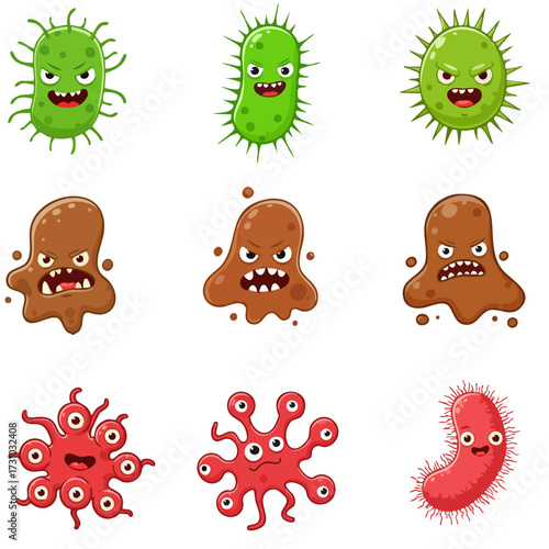 Set of Angry and Evil Cartoon Germ and Bacteria Characters