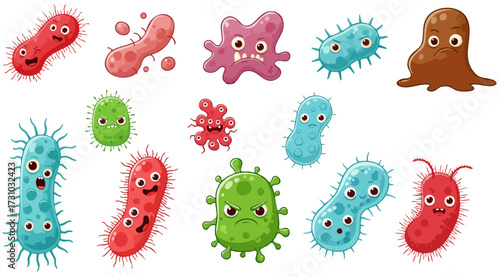 Vibrant Collection of Cute Cartoon Bacteria and Virus Characters