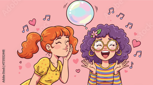 Joyful Cartoon Girlfriends Sharing a Secret with Music and Hearts