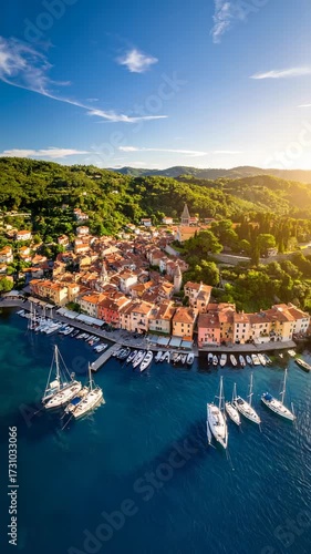 Picturesque coastal village nestled on a hillside with sailboats in the harbor during golden hour aerial perspective