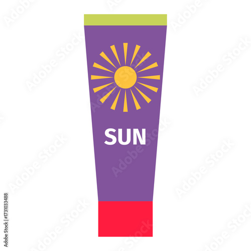 Purple tube of sunscreen with a yellow sunburst logo and the word SUN, promoting sun protection