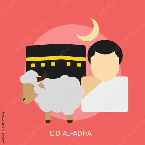Eid al-Adha celebration with Kaaba, sheep, and pilgrim in a flat design illustration