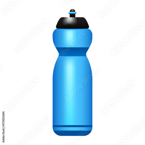 Blue sports water bottle with black lid and sport cap, isolated on white background, useful for hydration during exercise