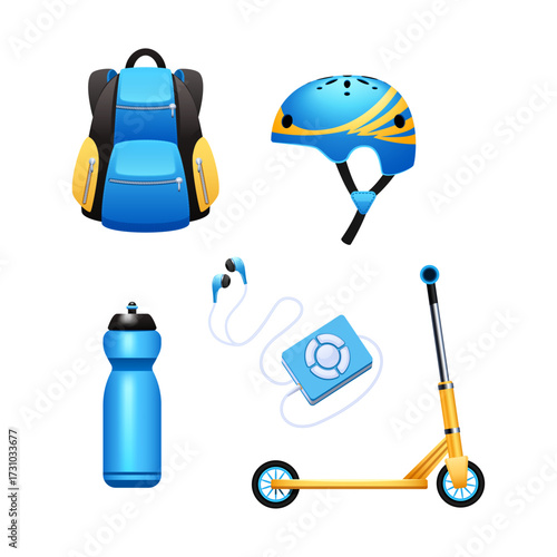Collection of Outdoor Adventure Gear for Kids and Adults Backpack, Helmet, Scooter, Water Bottle, and Headphones