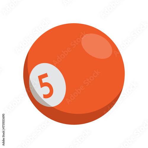 Close-up of a red billiard ball with the number 5 visible on a white circle, isolated on a white background
