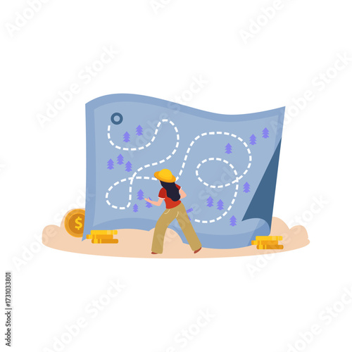 Illustration of a person standing in front of a large map with a dotted line indicating a journey or path and coins scattered around