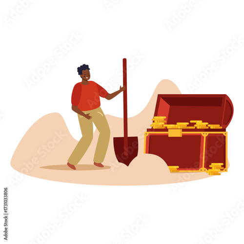 Man discovers a treasure chest overflowing with gold coins and valuable jewels buried in the sand