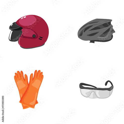 Safety gear illustrations helmet, gloves, and goggles for protection during activities