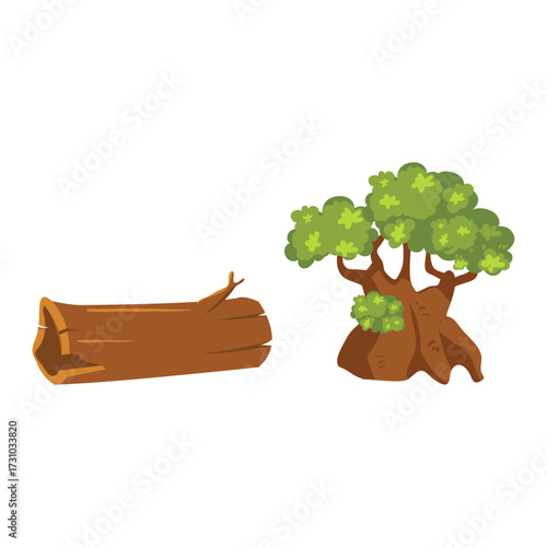 An illustration of a chopped tree trunk and a baobab tree on a white background