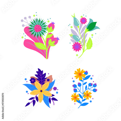 Vibrant Abstract Floral Arrangements with Neon Colors and Playful Shapes