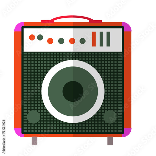 Retro Orange Guitar Amplifier with Large Speaker and Controls, Isolated on White Background