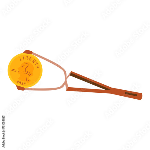 A playful illustration of a coin being launched from a wooden slingshot, representing childhood fun and projectile motion