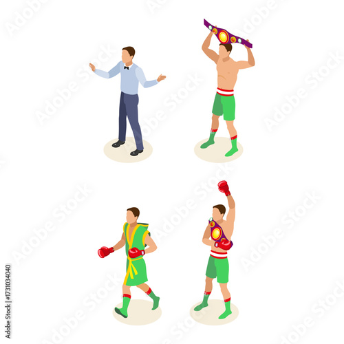 Boxing match icons referee, boxer celebrating victory, boxer entering ring, and champion with belt