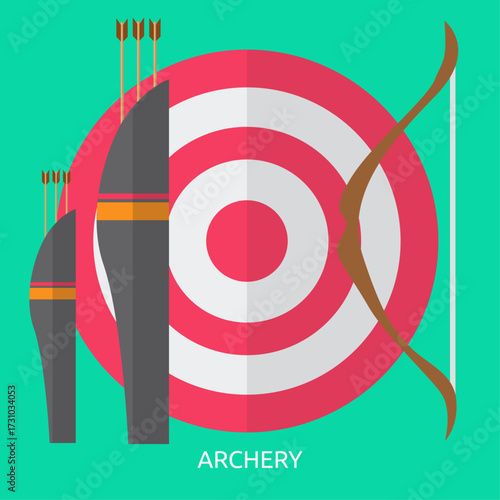Archery equipment, a bow and arrows, against a bullseye target in a flat vector illustration