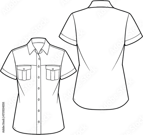 Flat vector illustration of women’s button-up shirt with short sleeves, front and back view, fashion CAD drawing, apparel design sketch