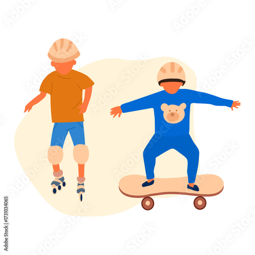 Children Enjoying Outdoor Activities Roller Skating and Skateboarding Illustration
