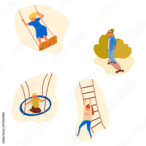 People enjoying outdoor activities like swinging, skateboarding, climbing, and relaxing on a net swing