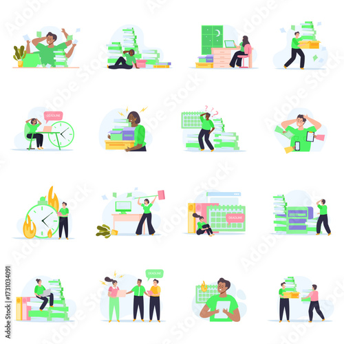 Illustration of stressed business professionals overwhelmed with work and deadlines in modern office setting