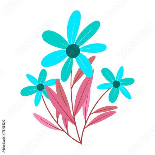 Simple illustration of a cluster of stylized blue flowers with pink leaves on a white background