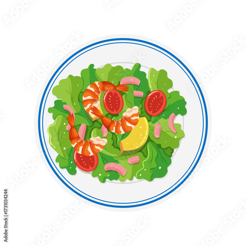 Fresh Shrimp and Tomato Salad with Greens and Lemon Slice, Healthy Seafood Meal Concept