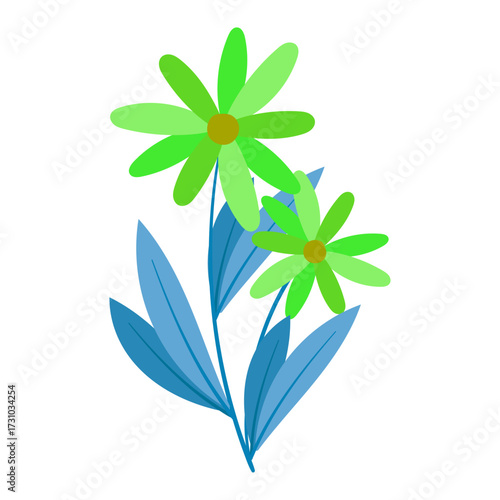 Vibrant green daisy-like flowers with blue leaves, a beautiful botanical illustration for nature and springtime themes