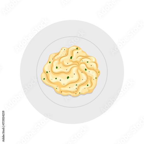 Top view of creamy mashed potatoes with herbs on a white plate - delicious and healthy food illustration