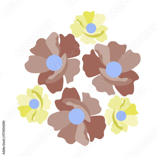 Delicate Spring Flowers Arrangement in Earth Tones With Blue Centers, Perfect for Graphic Design and Celebrations