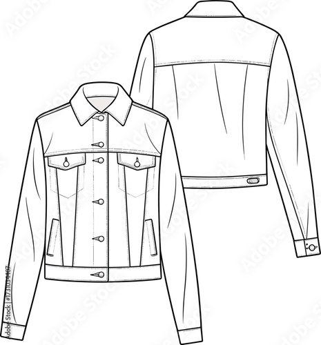 Flat vector technical drawing of denim jacket with front pockets, button closure, collar, long sleeves, front and back view included