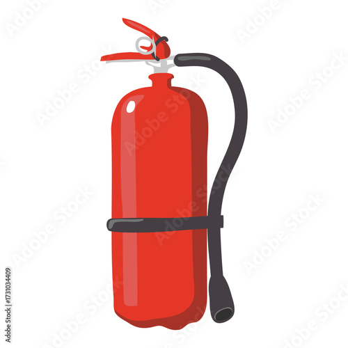 Red fire extinguisher with black hose and handle, safety equipment for emergency situations
