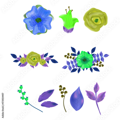 Watercolor floral elements, hand-painted blue and green flowers, leaves and berries for design