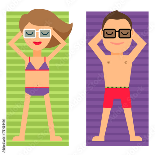Couple relaxing and sunbathing on striped beach towels wearing sunglasses in summer