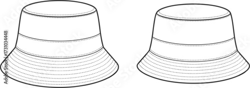 Flat vector sketch of wide brim bucket hat with mid-panel seam, front and back CAD fashion design template drawing