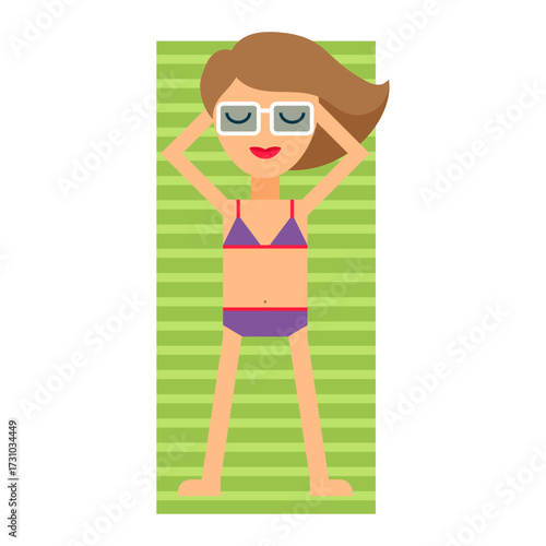 Woman in sunglasses sunbathing on a striped towel on a beach or by a pool, enjoying a summer day