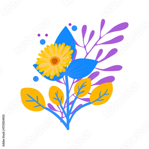 Bright yellow gerbera daisy with blue and purple leaves, an abstract floral illustration on a white background