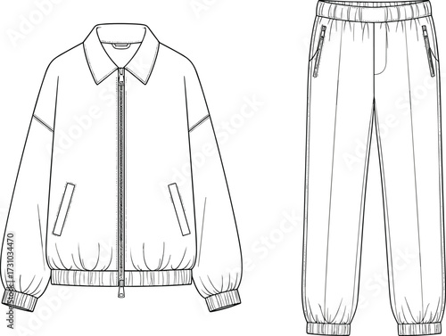 Unisex tracksuit jacket and jogger pants technical fashion sketch, front view cad drawing, flat vector apparel illustration template