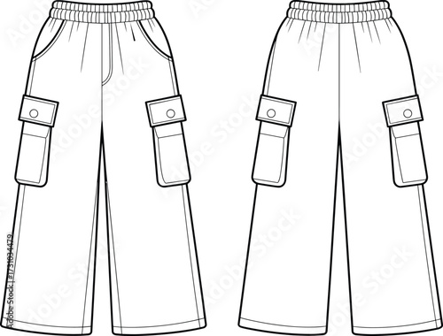 Flat vector technical drawing of wide-leg cargo pants with elastic waistband and flap pockets, fashion cad sketch for design