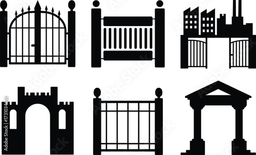 Gate silhouettes and arches, iron gate designs, entrance gates, decorative gates, wrought iron gates, castle gates, architectural arches, gate icons, 
