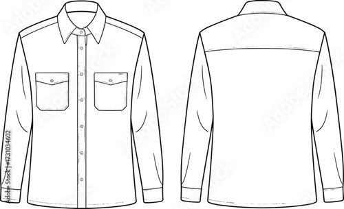 Flat vector technical sketch of men’s long sleeve shirt with front flap pockets and button placket, cad drawing fashion template
