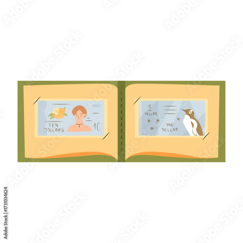 An open photo album displaying two pages, one with a portrait of a person and the other with a penguin illustration