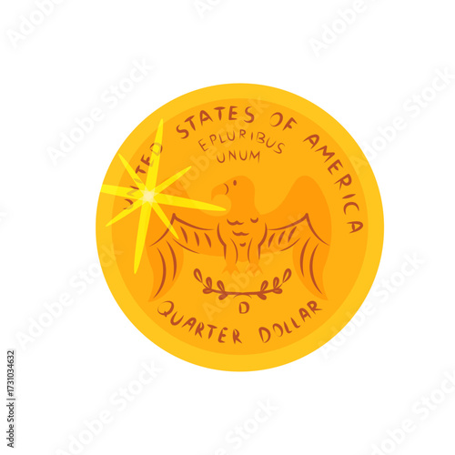 United States Quarter Coin with Shining Eagle Symbol and Bright Light Sparkle