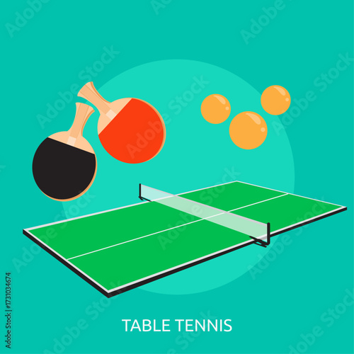 Table Tennis Equipment and Game Balls on a Green Court with a Net - Dynamic Isometric Illustration