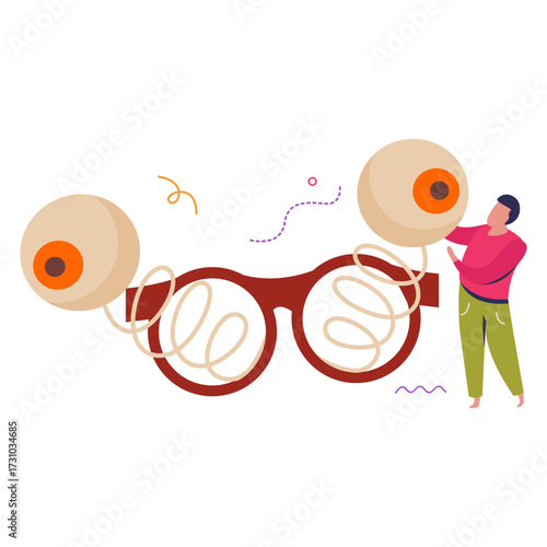 Quirky individual holding exaggerated spring eyeballs attached to oversized glasses in a playful illustration
