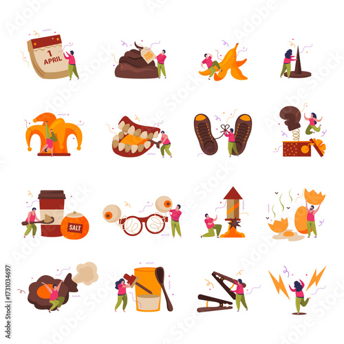 A vibrant collection of flat illustrations depicting various humorous April Fools' Day pranks and playful gag items for lighthearted fun