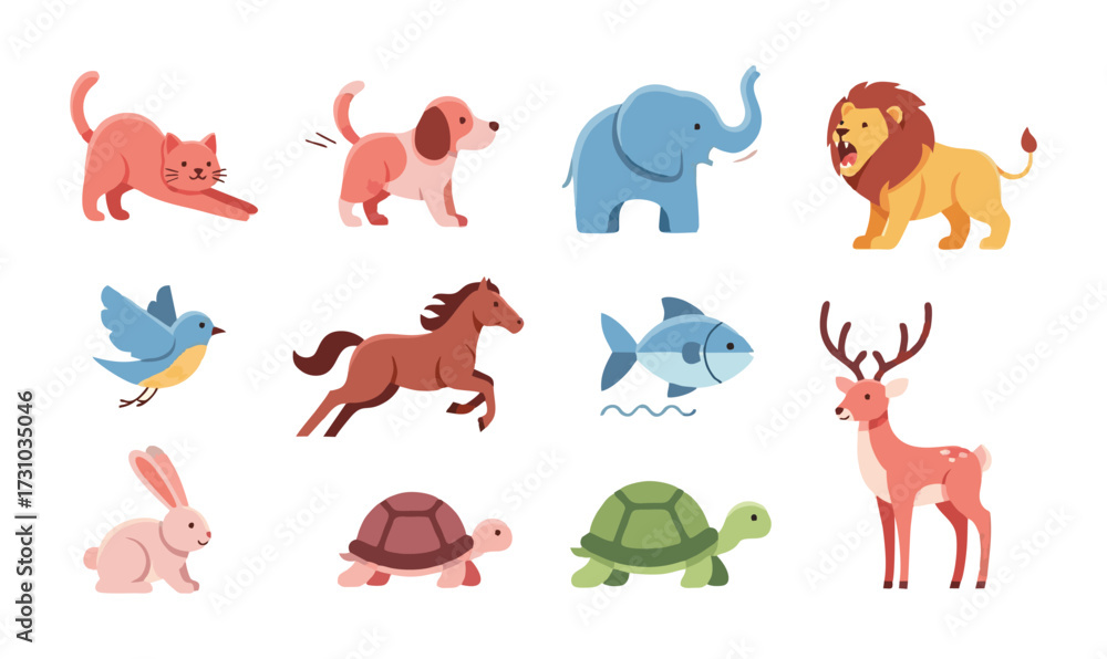 Obraz premium A collection of various cartoon animals including a cat, dog, elephant, lion, bird, horse, fish, deer, rabbit, and turtles, isolated on a white background.
