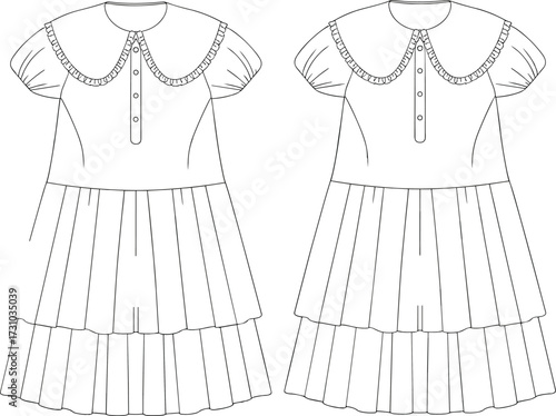 Girls' pleated dress CAD flat sketch with puff sleeves, button placket, and ruffle collar, front and back fashion illustration