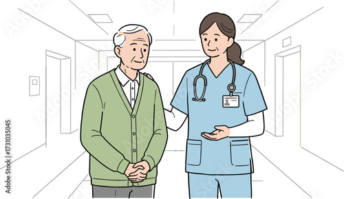 Friendly doctor supporting elderly patient in hospital corridor, medical care assistance, healthcare professionals helping senior man, positive health support, nursing care, 