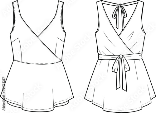 Front and back flat sketch of sleeveless wrap top blouse with belt and tie details, cad drawing flat vector illustration