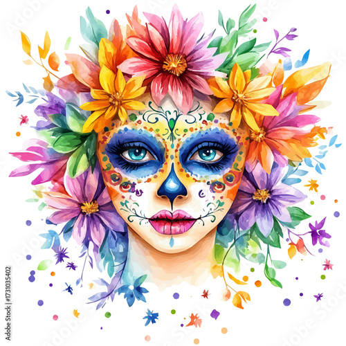 Mexican Face Painting, watercolor drawing vector, isolated on a white background.